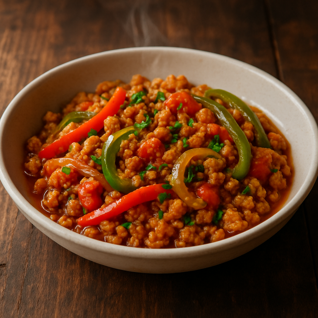 proteína de soja com pimentão e cebola refogados em prato de cerâmica branca com cheiro-verde