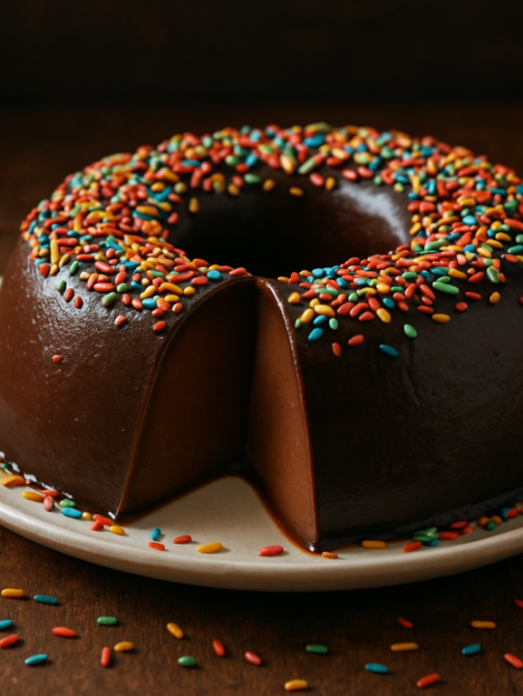 Pudim de Brigadeiro cremoso coberto de granulado em prato branco, com fatia cortada mostrando o interior denso de chocolate