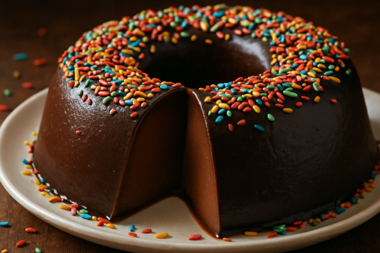 Pudim de Brigadeiro cremoso coberto de granulado em prato branco, com fatia cortada mostrando o interior denso de chocolate