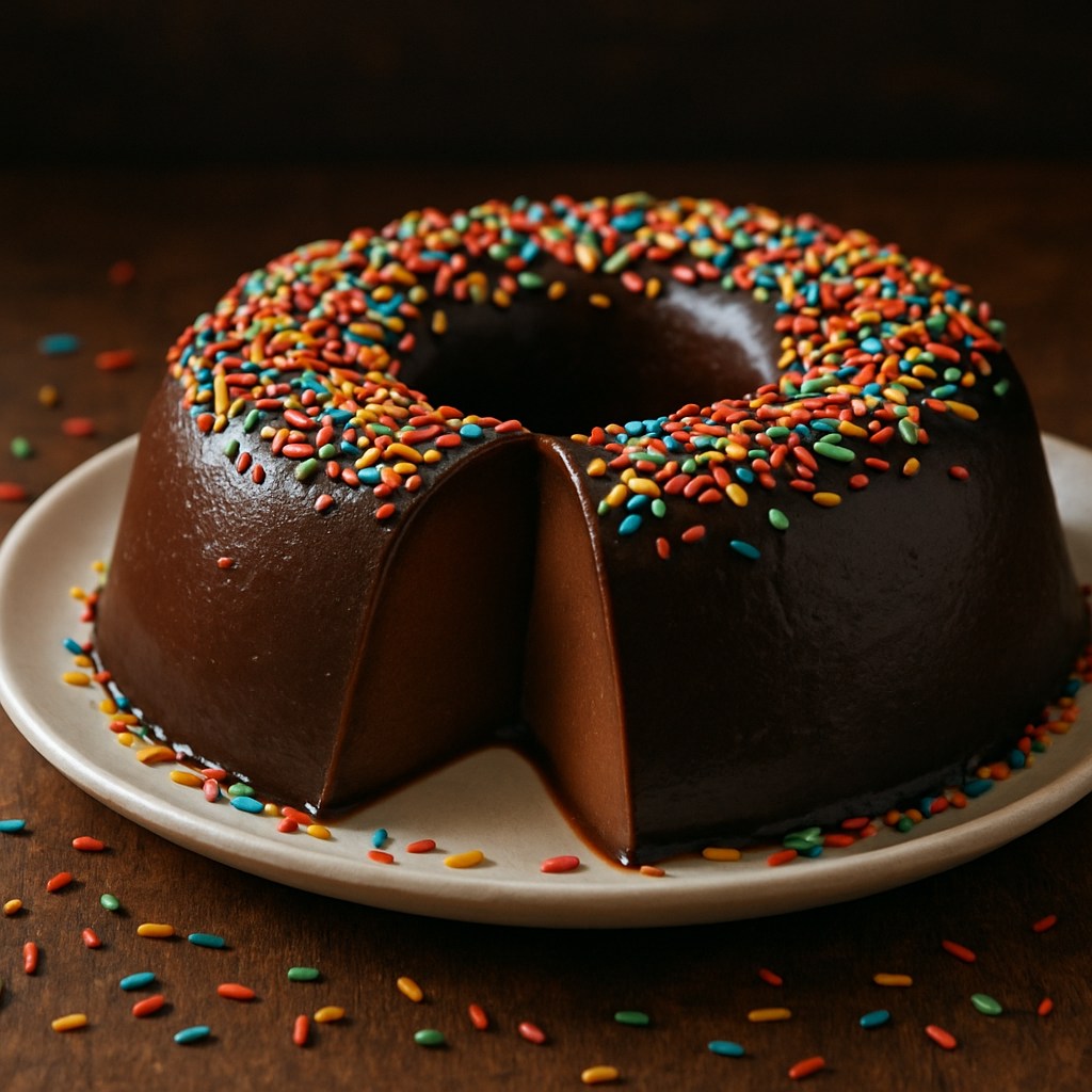 Pudim de Brigadeiro cremoso coberto de granulado em prato branco, com fatia cortada mostrando o interior denso de chocolate