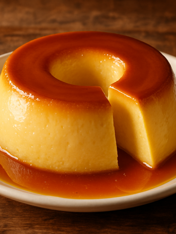 pudim de micro ondas cremoso com calda de caramelo dourada em prato branco