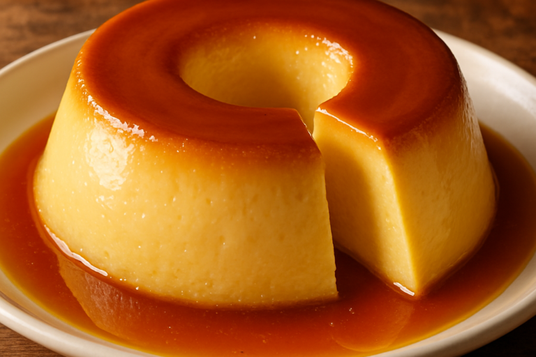 pudim de micro ondas cremoso com calda de caramelo dourada em prato branco