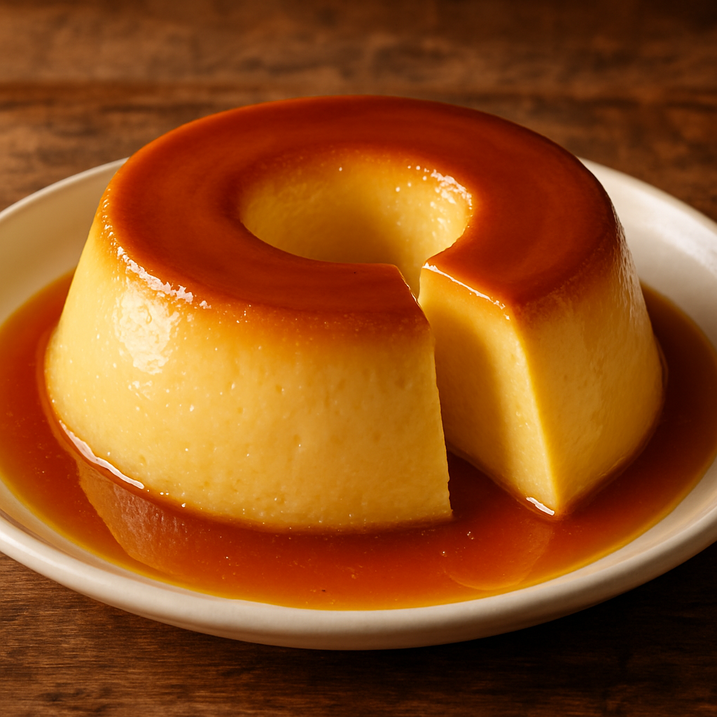 pudim de micro ondas cremoso com calda de caramelo dourada em prato branco