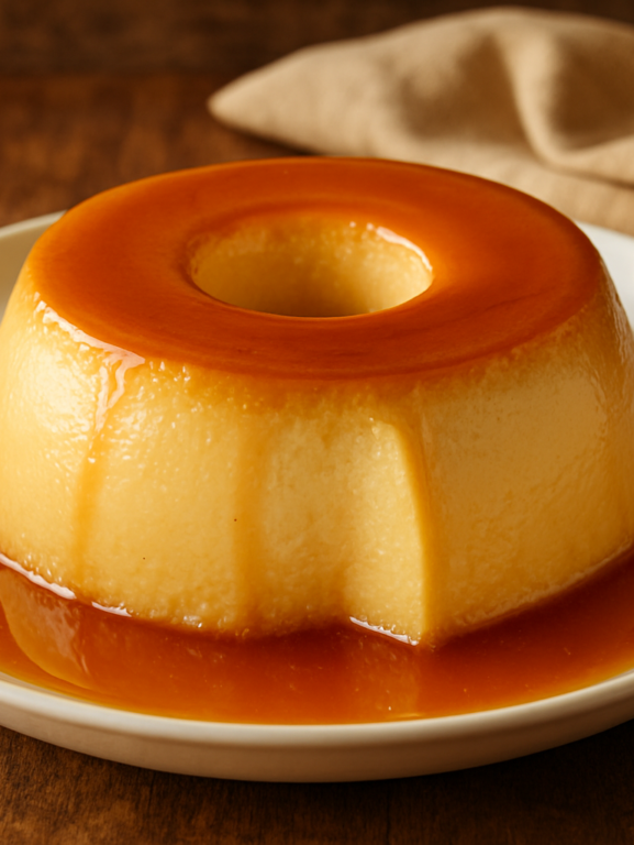 pudim gelado cremoso com calda de caramelo dourado em prato branco