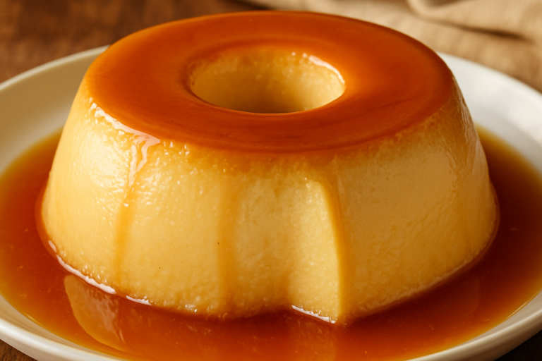 pudim gelado cremoso com calda de caramelo dourado em prato branco