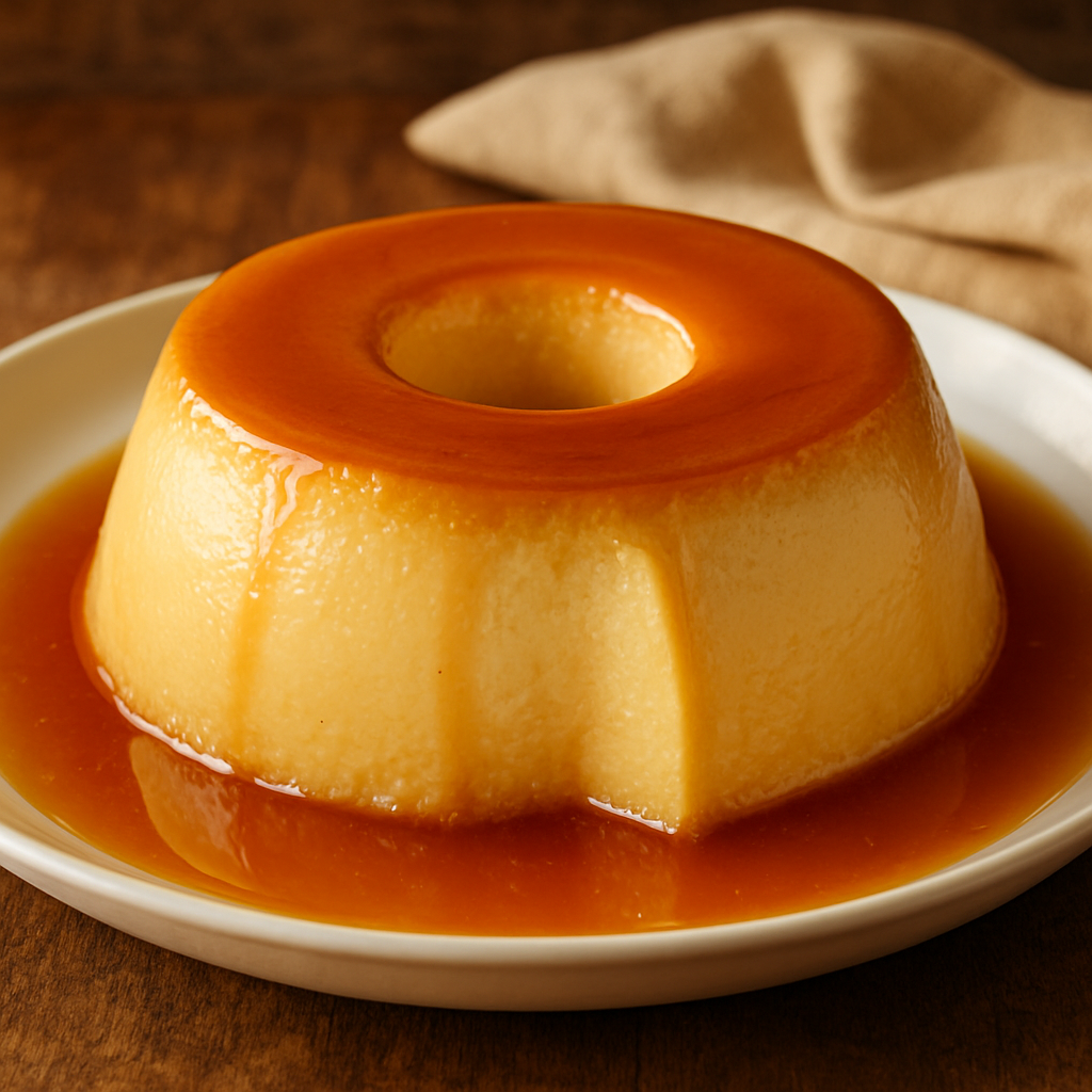 pudim gelado cremoso com calda de caramelo dourado em prato branco