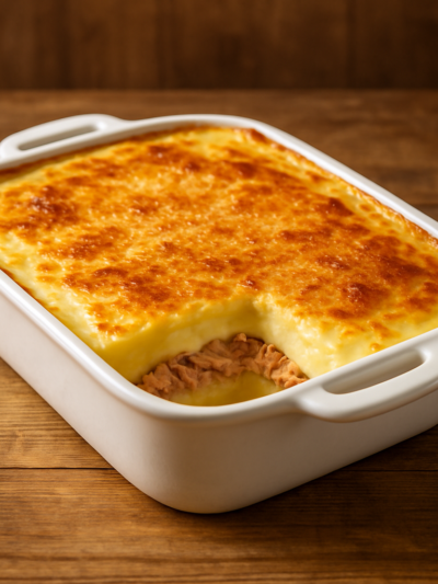 Purê de batata com atum ao forno em refratário branco com cobertura de parmesão dourado