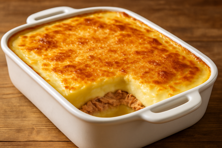 Purê de batata com atum ao forno em refratário branco com cobertura de parmesão dourado