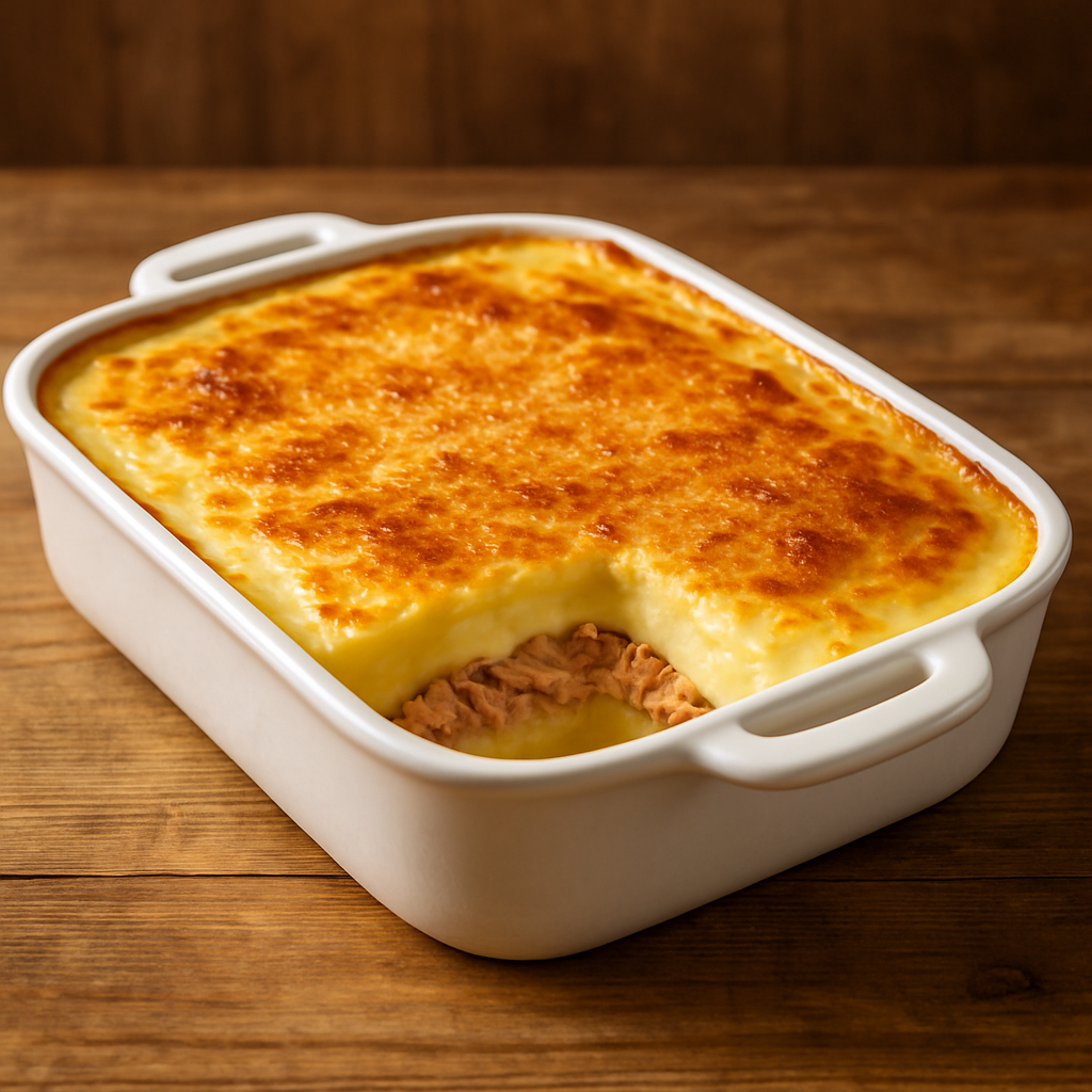 Purê de batata com atum ao forno em refratário branco com cobertura de parmesão dourado