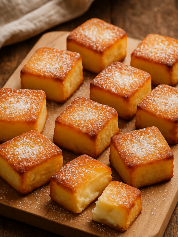 quadradinhos doces de queijo sem glúten dourados e cremosos em tábua de madeira polvilhados com açúcar de confeiteiro