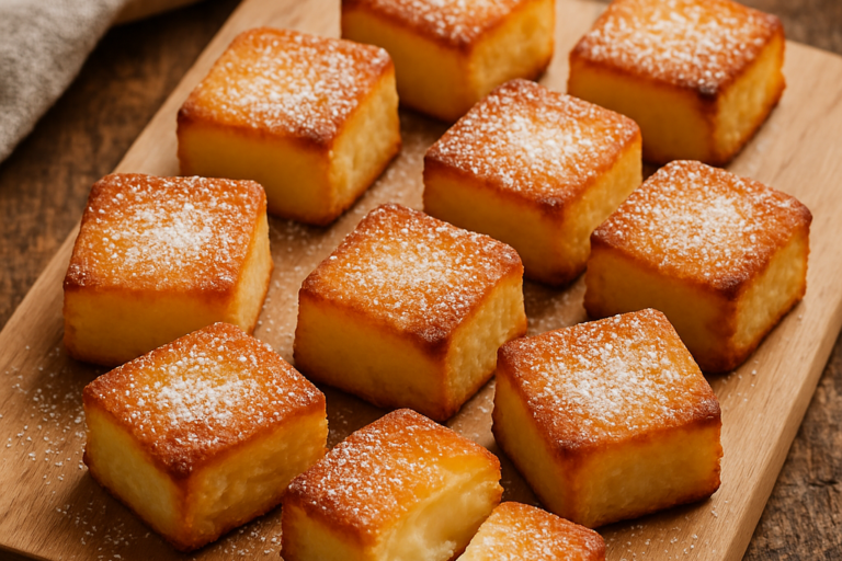 quadradinhos doces de queijo sem glúten dourados e cremosos em tábua de madeira polvilhados com açúcar de confeiteiro