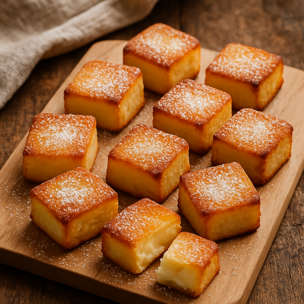 quadradinhos doces de queijo sem glúten dourados e cremosos em tábua de madeira polvilhados com açúcar de confeiteiro