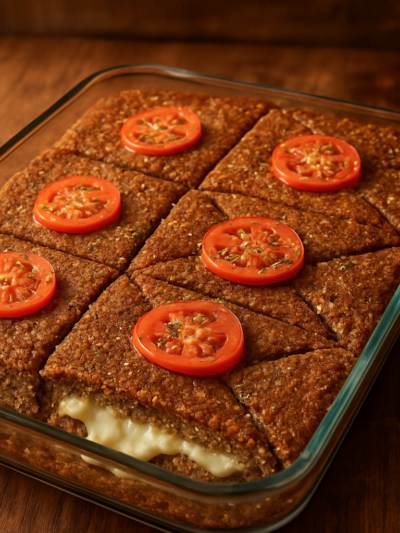 Quibe de bandeja de queijo para ovolactovegetarianos cortado em losangos com mussarela derretida e cobertura dourada