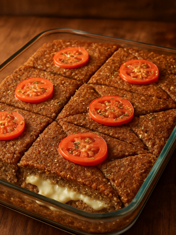 Quibe de bandeja de queijo para ovolactovegetarianos cortado em losangos com mussarela derretida e cobertura dourada