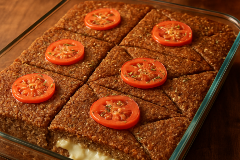 Quibe de bandeja de queijo para ovolactovegetarianos cortado em losangos com mussarela derretida e cobertura dourada