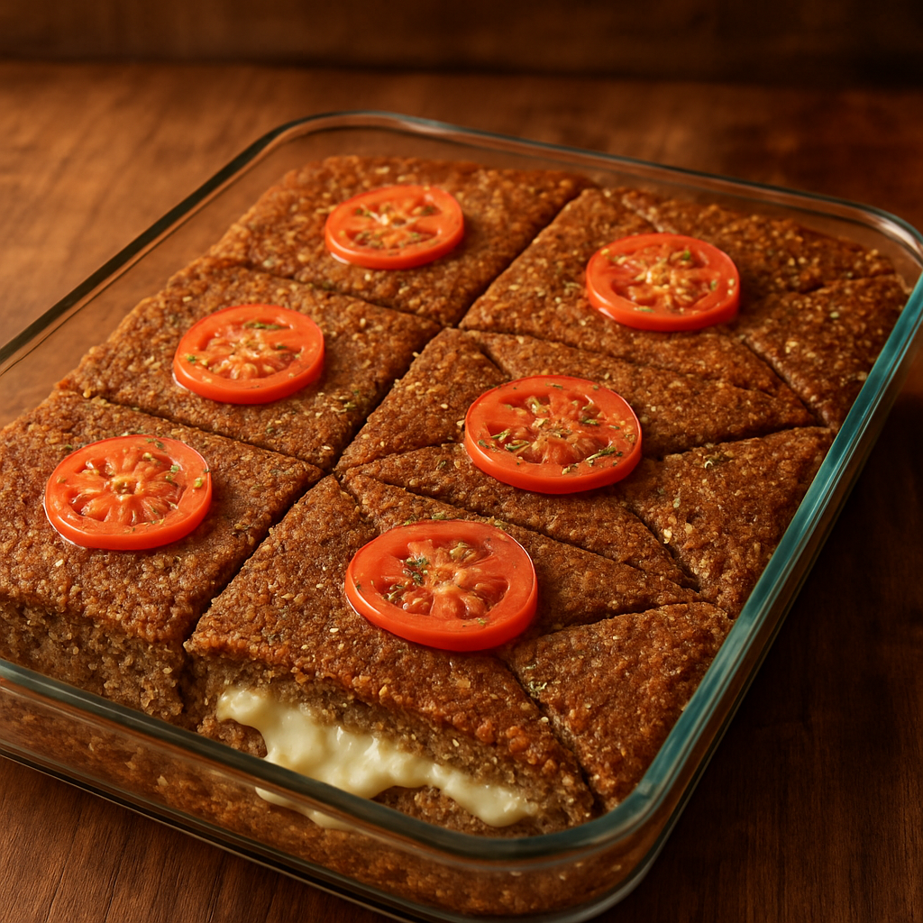 Quibe de bandeja de queijo para ovolactovegetarianos cortado em losangos com mussarela derretida e cobertura dourada