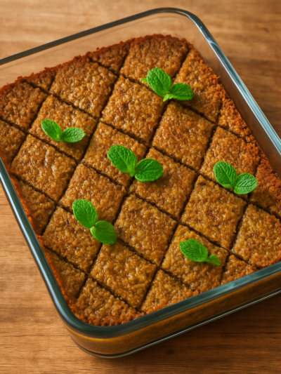 Quibe vegetariano assado em travessa de vidro cortado em losangos dourados com hortelã