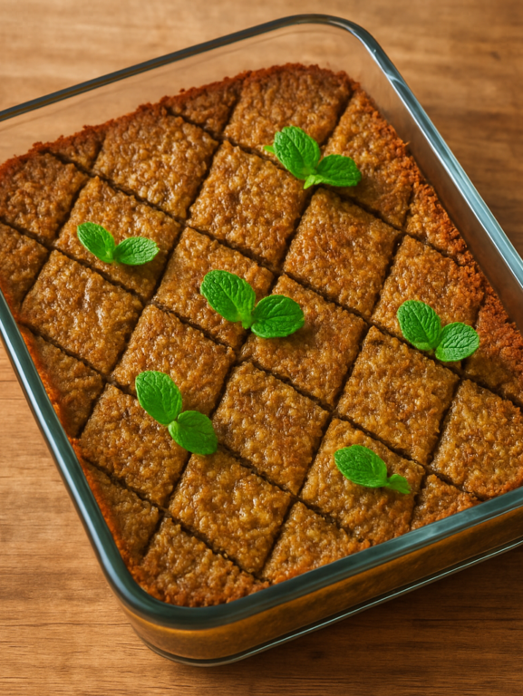 Quibe vegetariano assado em travessa de vidro cortado em losangos dourados com hortelã