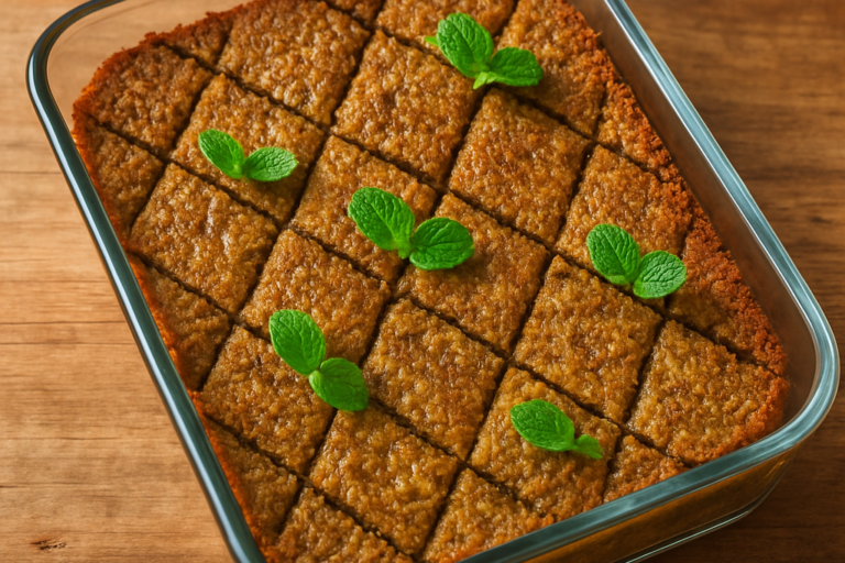 Quibe vegetariano assado em travessa de vidro cortado em losangos dourados com hortelã