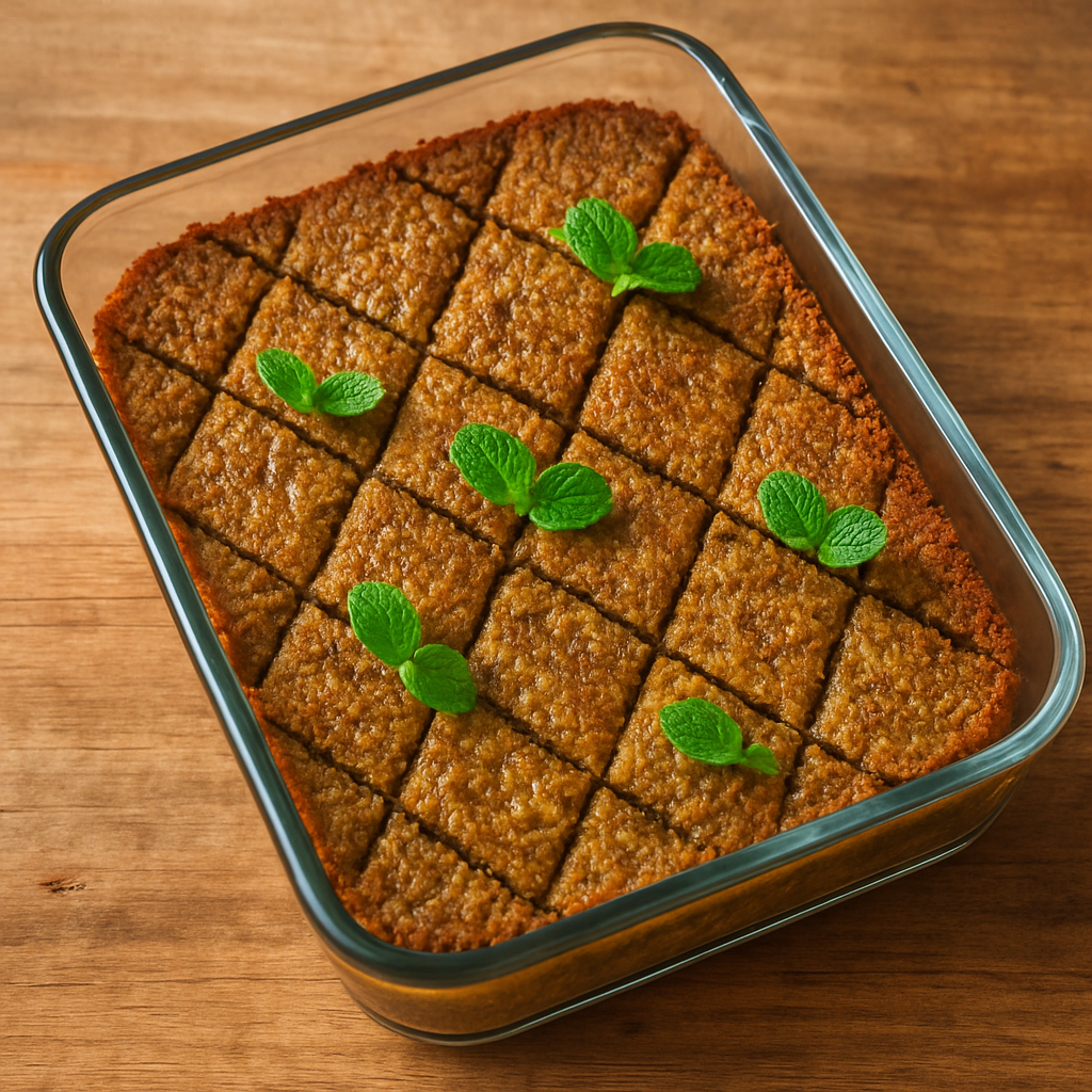 Quibe vegetariano assado em travessa de vidro cortado em losangos dourados com hortelã