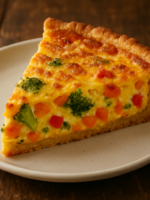 Fatia de quiche de legumes cremosa com massa crocante e recheio colorido de brócolis, cenoura e pimentão
