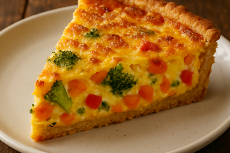 Fatia de quiche de legumes cremosa com massa crocante e recheio colorido de brócolis, cenoura e pimentão