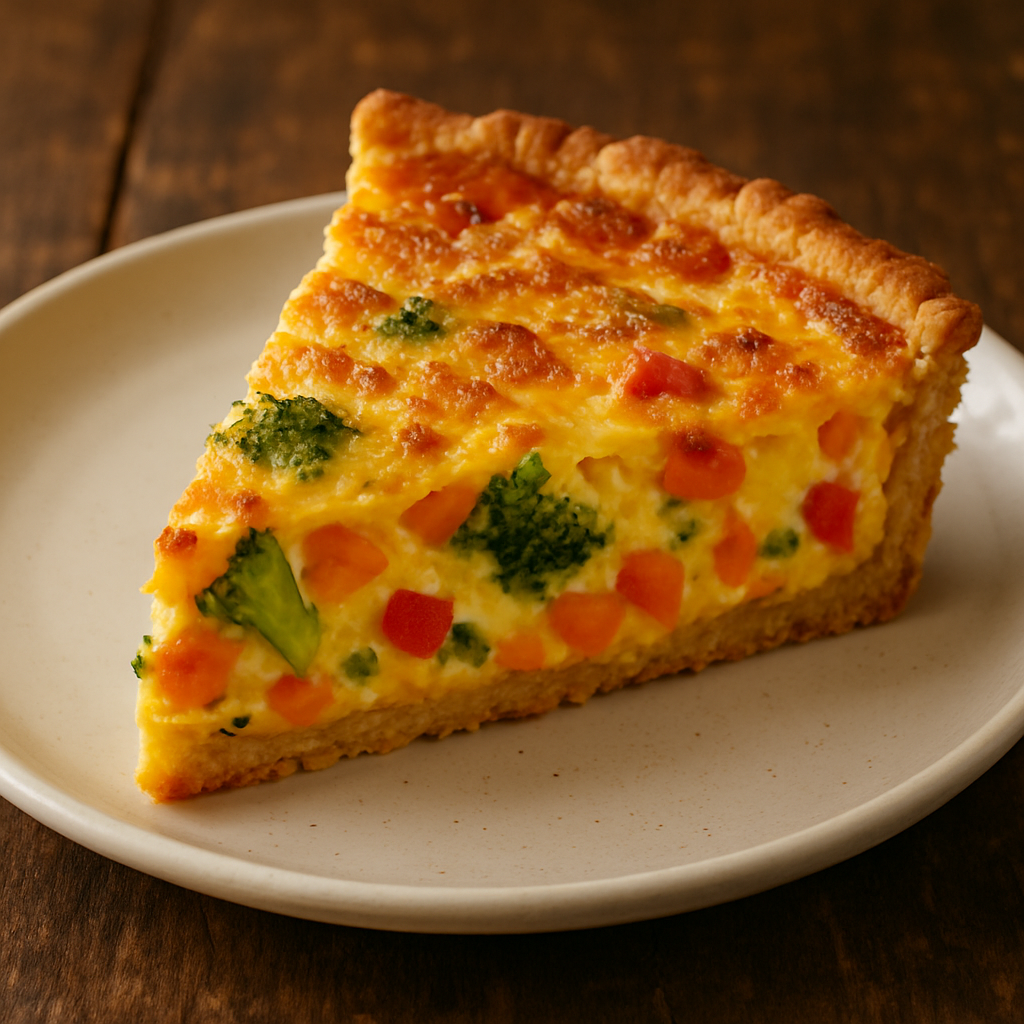 Fatia de quiche de legumes cremosa com massa crocante e recheio colorido de brócolis, cenoura e pimentão