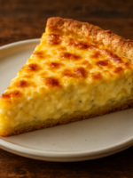 Fatia de Quiche Quatro Queijos cremosa com massa crocante dourada em prato branco