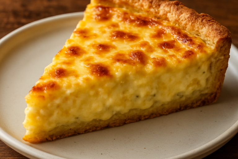 Fatia de Quiche Quatro Queijos cremosa com massa crocante dourada em prato branco