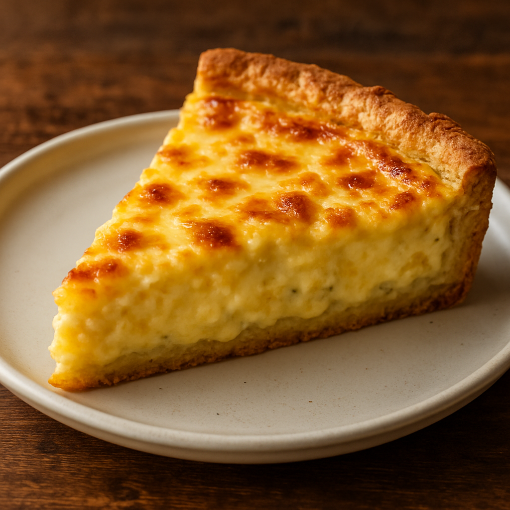 Fatia de Quiche Quatro Queijos cremosa com massa crocante dourada em prato branco