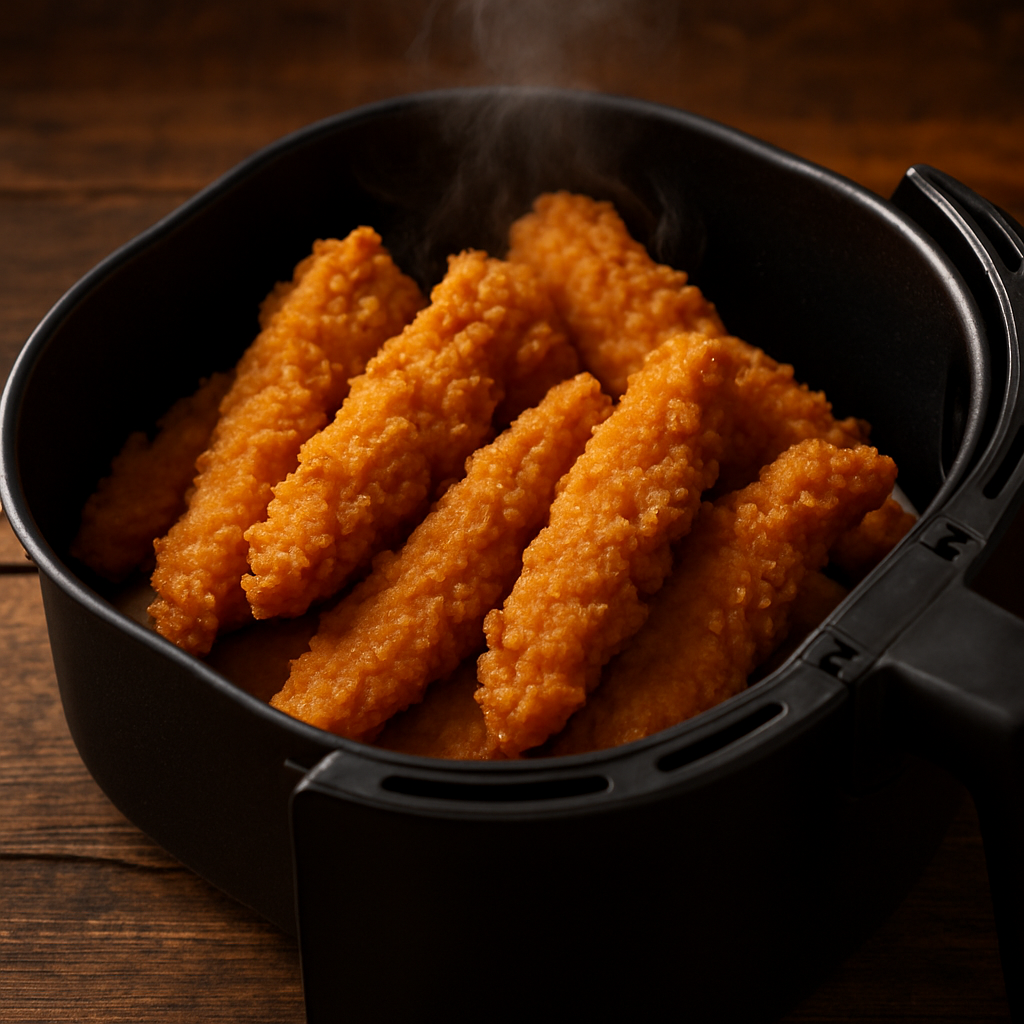 frango crocante na air fryer com empanado dourado e texturizado, receita de tiras de frango crocante