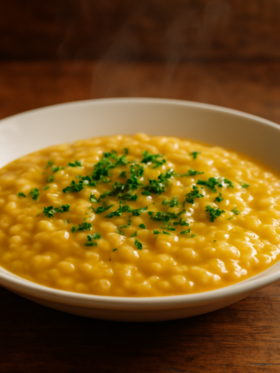 Risoto com creme de leite cremoso servido em prato fundo branco com salsinha e azeite