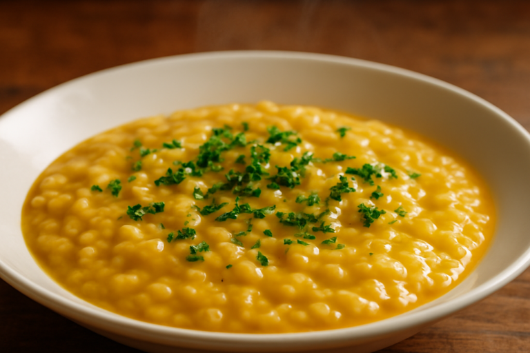 Risoto com creme de leite cremoso servido em prato fundo branco com salsinha e azeite