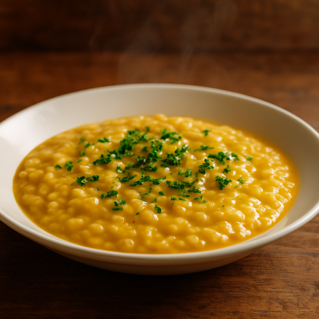 Risoto com creme de leite cremoso servido em prato fundo branco com salsinha e azeite