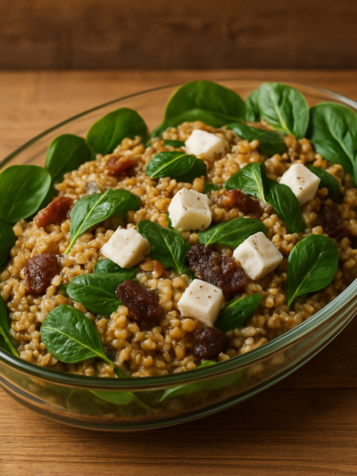 Risoto de Arroz Integral Banana Brasil com espinafre e mussarela de búfala em travessa de vidro
