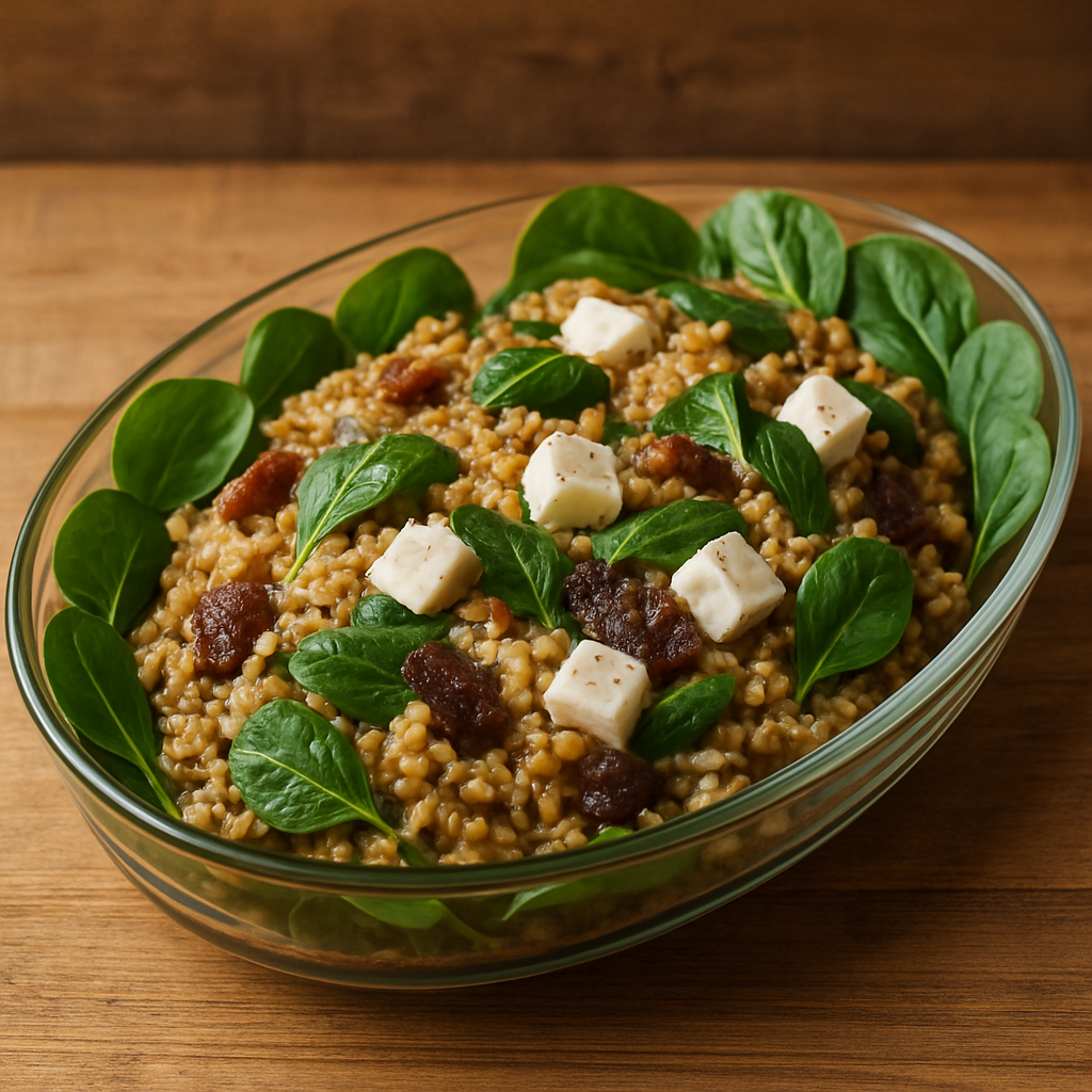 Risoto de Arroz Integral Banana Brasil com espinafre e mussarela de búfala em travessa de vidro