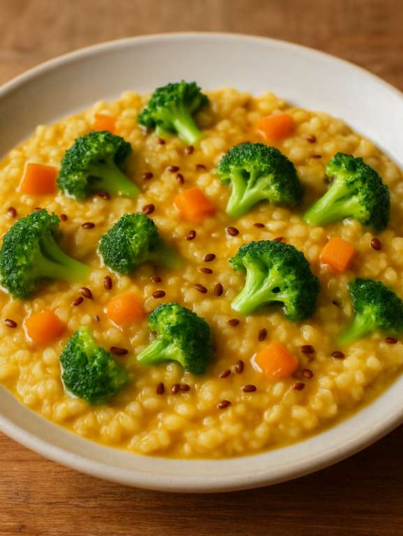Risoto saudável vegetariano com brócolis e cenoura em prato fundo branco, cremoso e dourado pelo açafrão