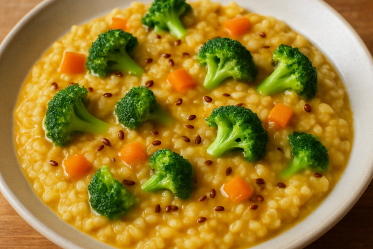 Risoto saudável vegetariano com brócolis e cenoura em prato fundo branco, cremoso e dourado pelo açafrão
