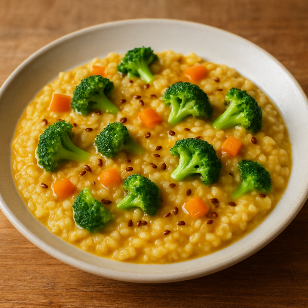Risoto saudável vegetariano com brócolis e cenoura em prato fundo branco, cremoso e dourado pelo açafrão