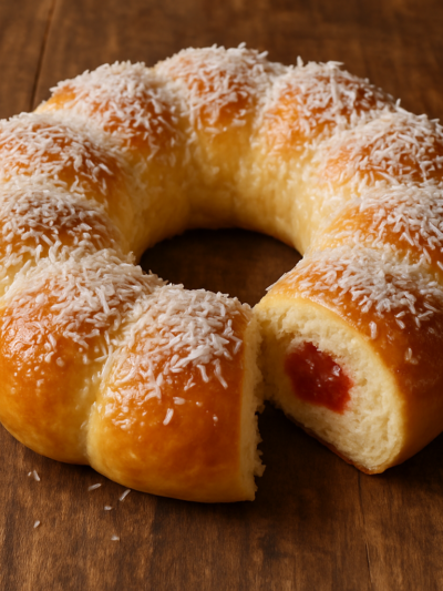 Rosca doce de leite condensado com goiabada coberta com calda de açúcar e coco ralado, servida em forma redonda