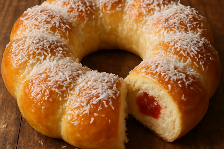 Rosca doce de leite condensado com goiabada coberta com calda de açúcar e coco ralado, servida em forma redonda