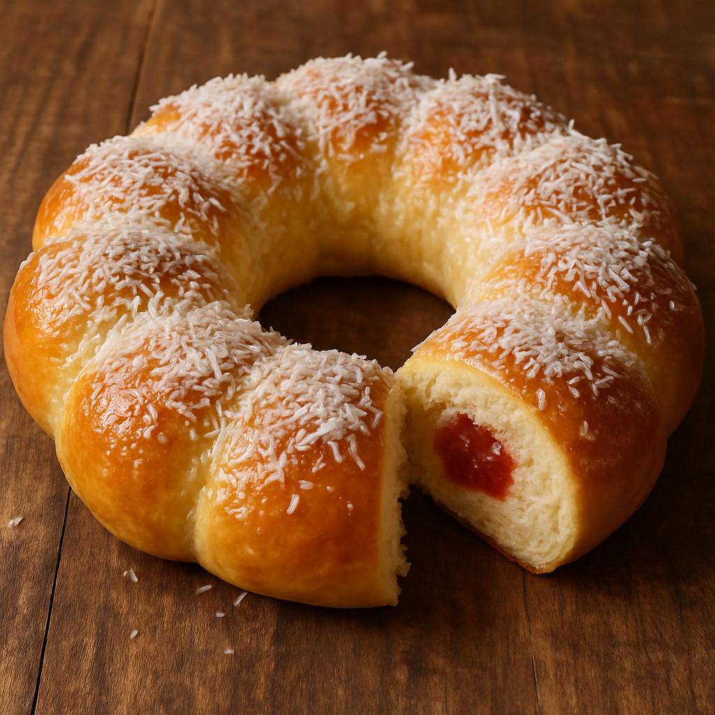 Rosca doce de leite condensado com goiabada coberta com calda de açúcar e coco ralado, servida em forma redonda