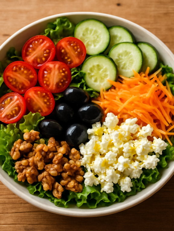 Salada à Minha Moda com folhas verdes, tomate-cereja, queijo feta e molho caseiro de mostarda e mel em saladeira branca