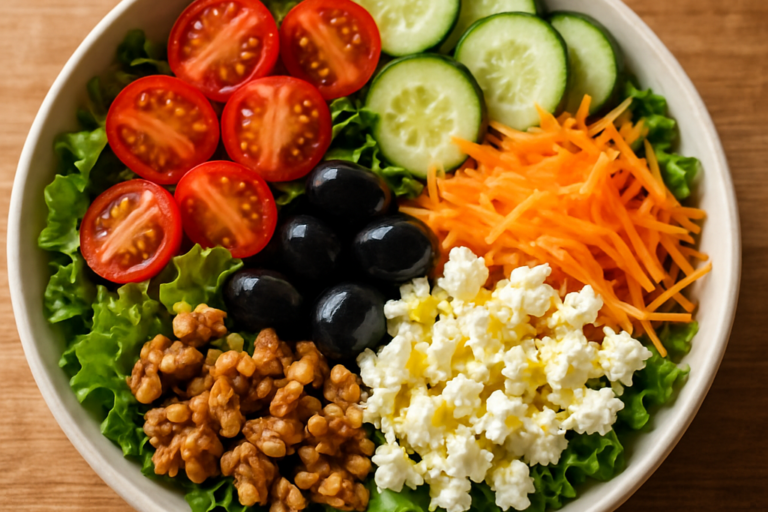 Salada à Minha Moda com folhas verdes, tomate-cereja, queijo feta e molho caseiro de mostarda e mel em saladeira branca