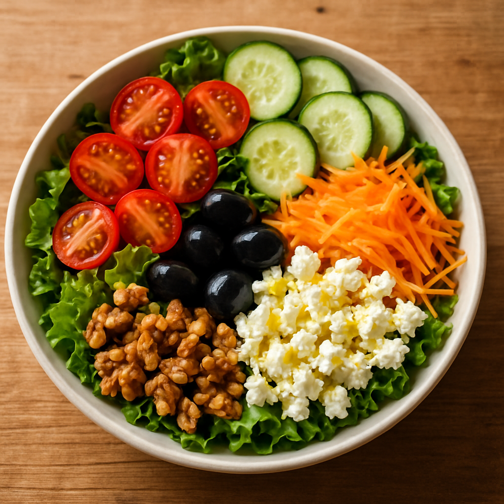 Salada à Minha Moda com folhas verdes, tomate-cereja, queijo feta e molho caseiro de mostarda e mel em saladeira branca