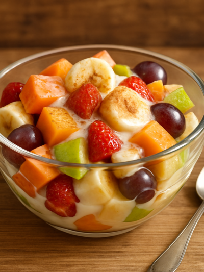 Salada de frutas gostosa com leite condensado e canela em tigela de vidro