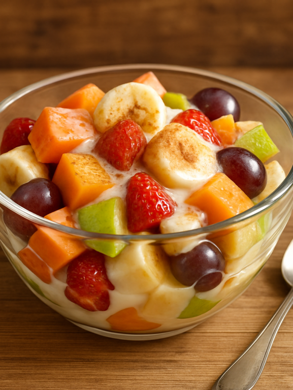 Salada de frutas gostosa com leite condensado e canela em tigela de vidro