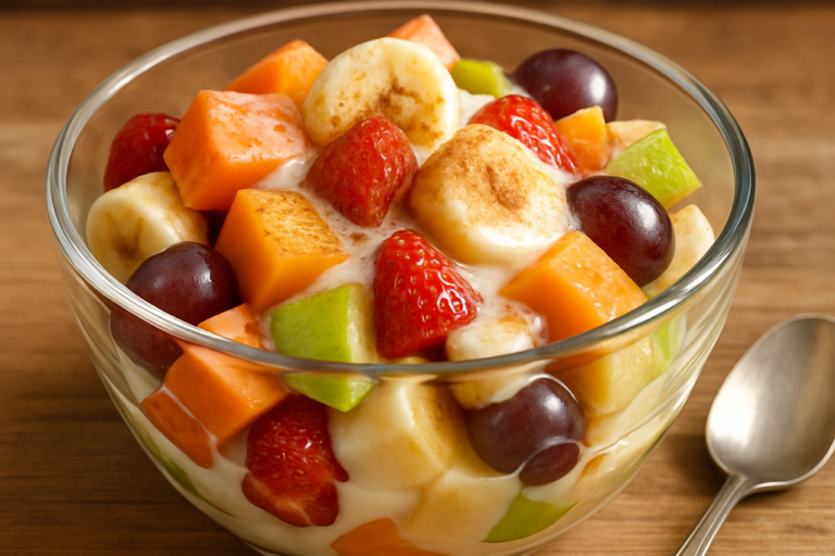 Salada de frutas gostosa com leite condensado e canela em tigela de vidro