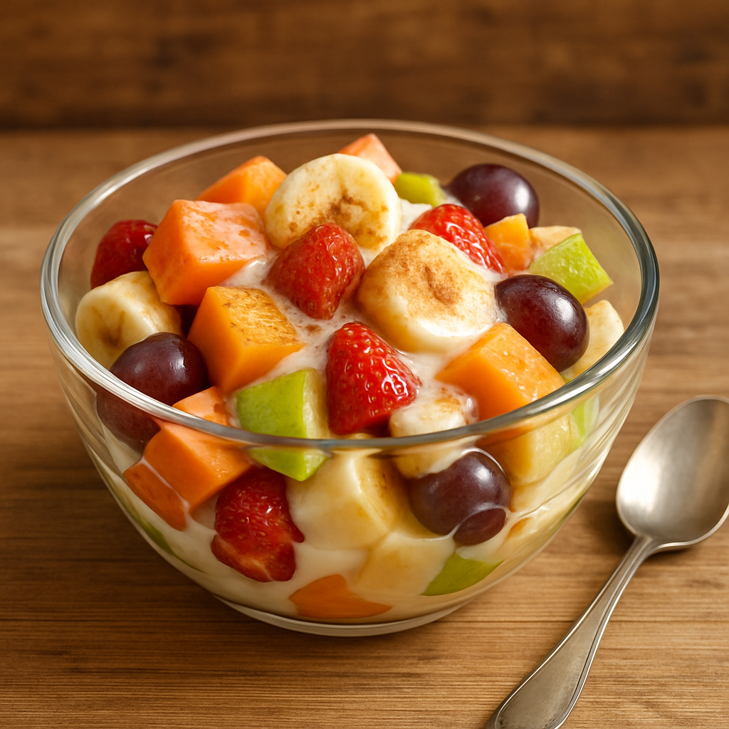 Salada de frutas gostosa com leite condensado e canela em tigela de vidro