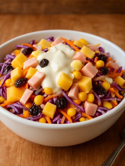 Salada refrescante colorida com abacaxi, repolho, cenoura e peito de peru em tigela branca